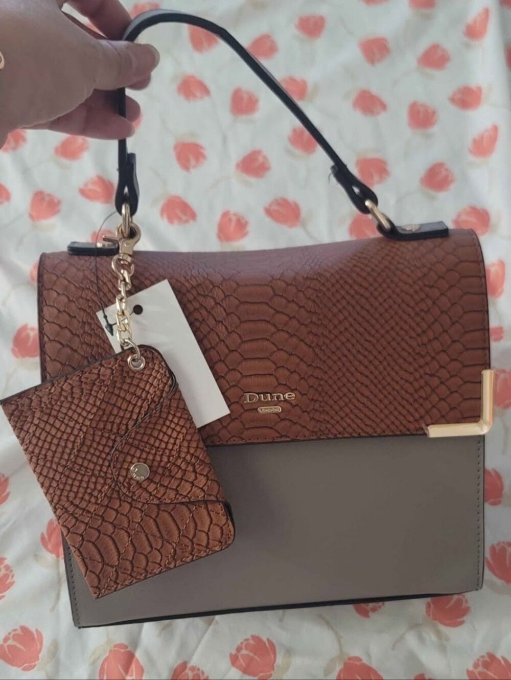 Brown Two-Tone Textured Top-Handle Bag